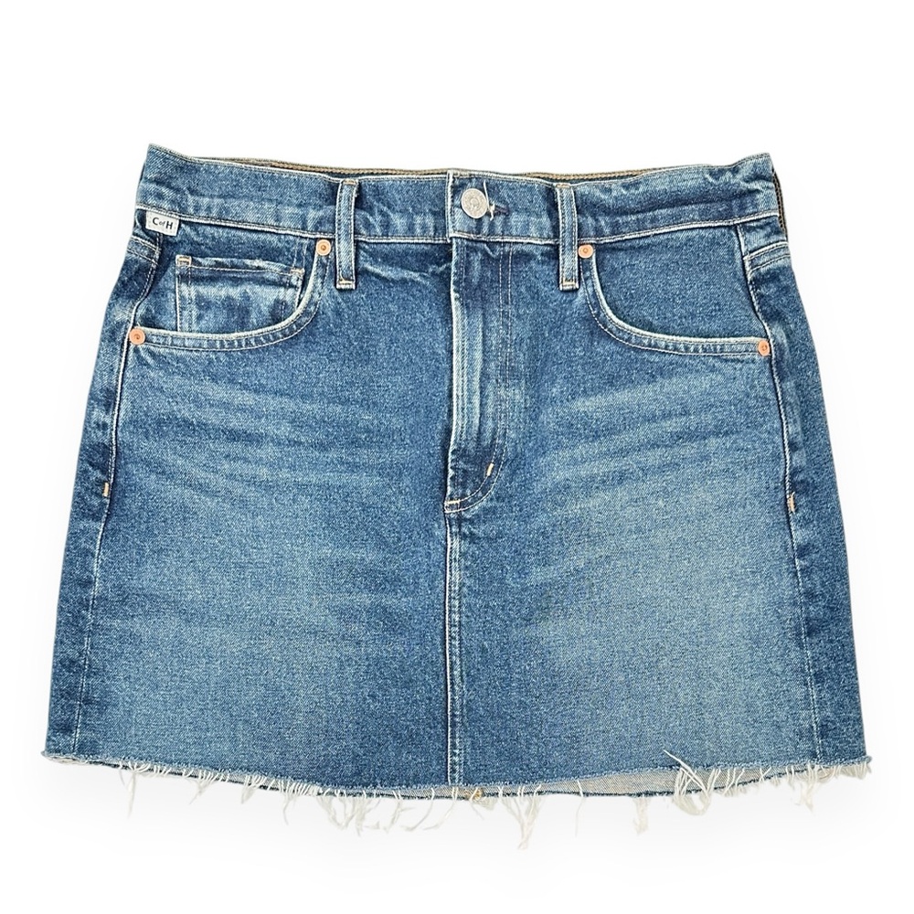 Citizens of Humanity Beatnik Mid Wash Frayed Classic Blue Denim Jean Mini Skirt - Picture 4 of 12